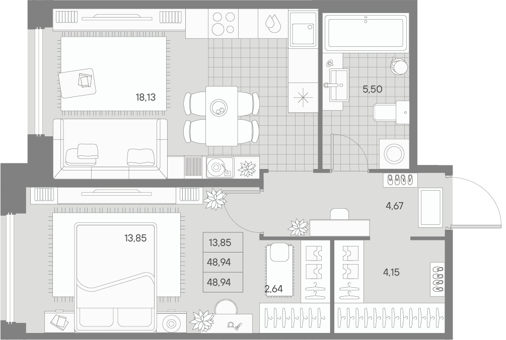 1-комнатная квартира  №48 в Avant: 48.94 м², этаж 5 - купить в Санкт-Петербурге