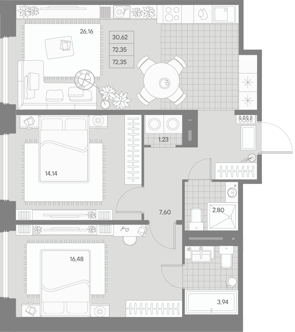 2-комнатная квартира  №62 в Avant: 72.35 м², этаж 7 - купить в Санкт-Петербурге