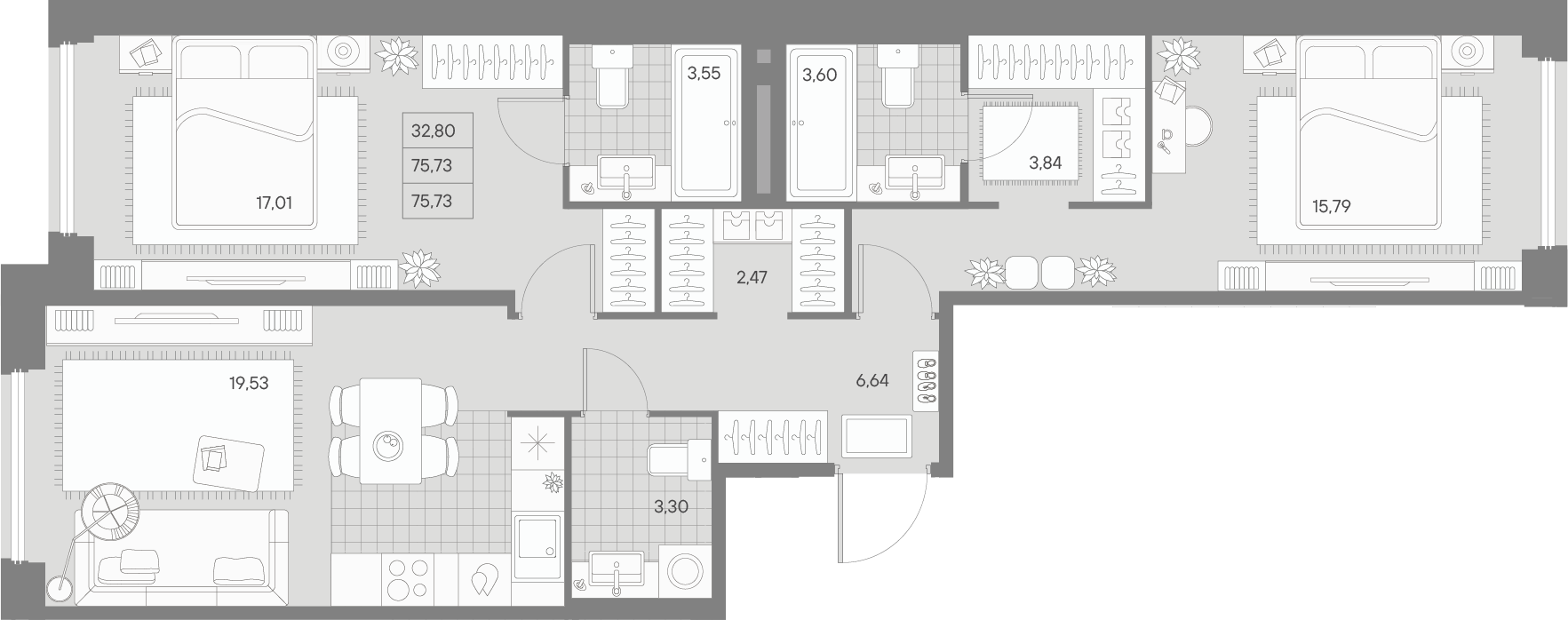 2-комнатная квартира  №50 в Avant: 75.73 м², этаж 5 - купить в Санкт-Петербурге