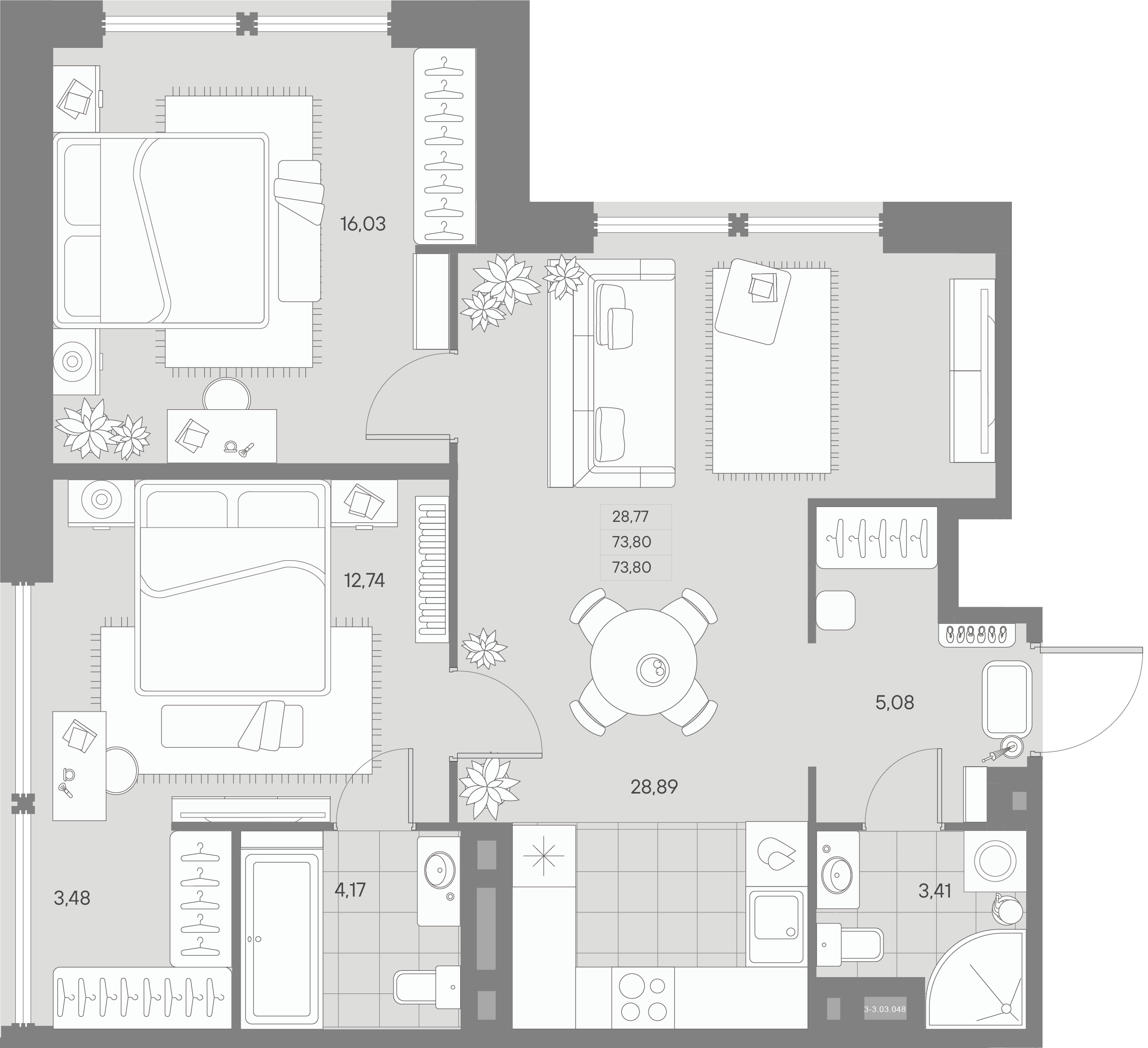 2-комнатная квартира  №48 в Avant: 73.8 м², этаж 3 - купить в Санкт-Петербурге
