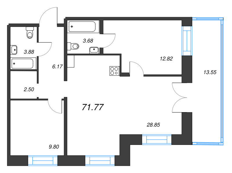 2-комнатная квартира  №7 в Alpen: 71.77 м², этаж 2 - купить в Санкт-Петербурге