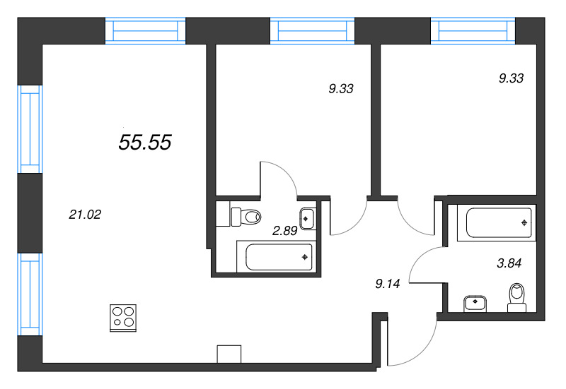 2-комнатная квартира  №160 в Alpen: 55.55 м², этаж 7 - купить в Санкт-Петербурге