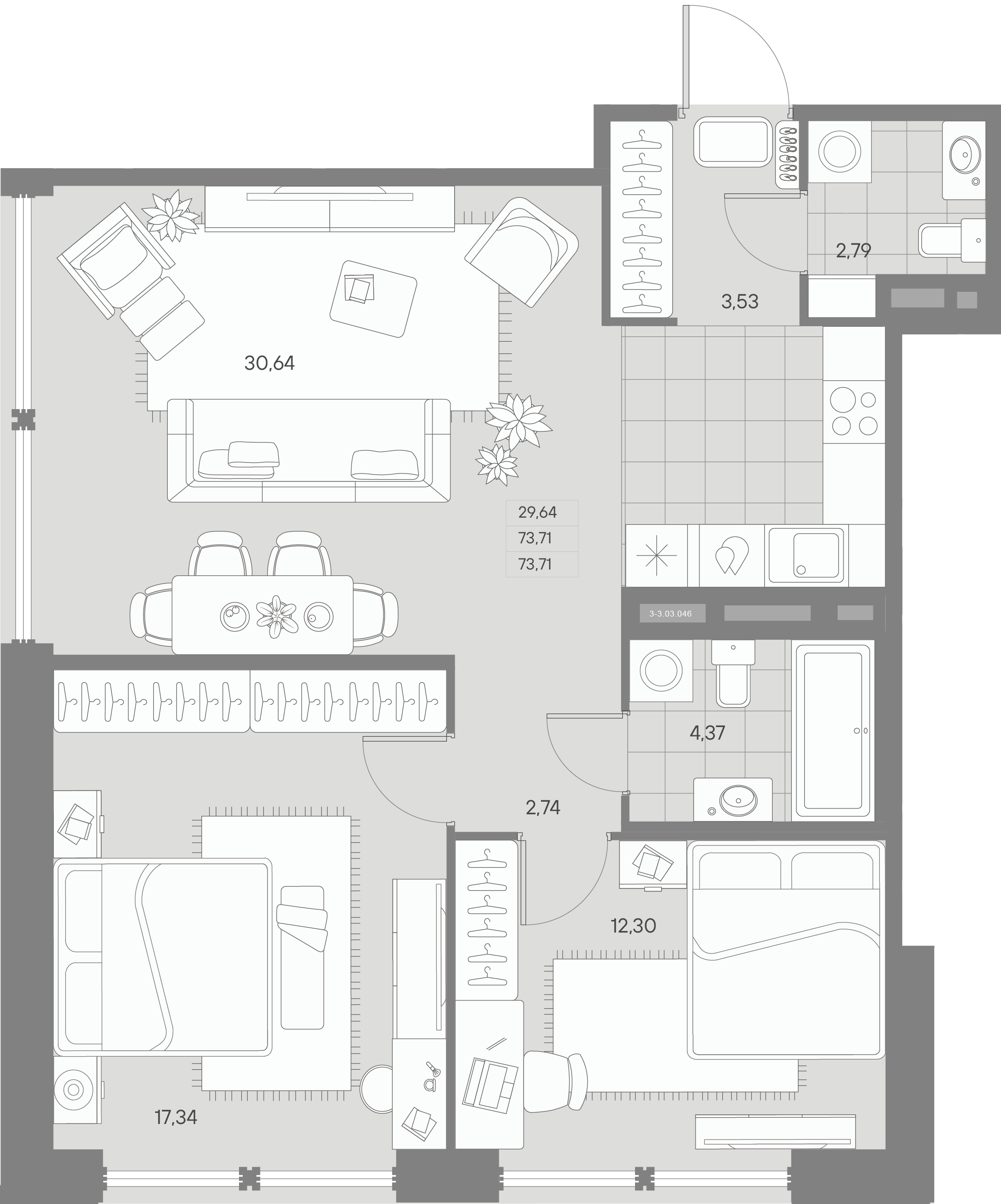 2-комнатная квартира  №46 в Avant: 73.71 м², этаж 3 - купить в Санкт-Петербурге