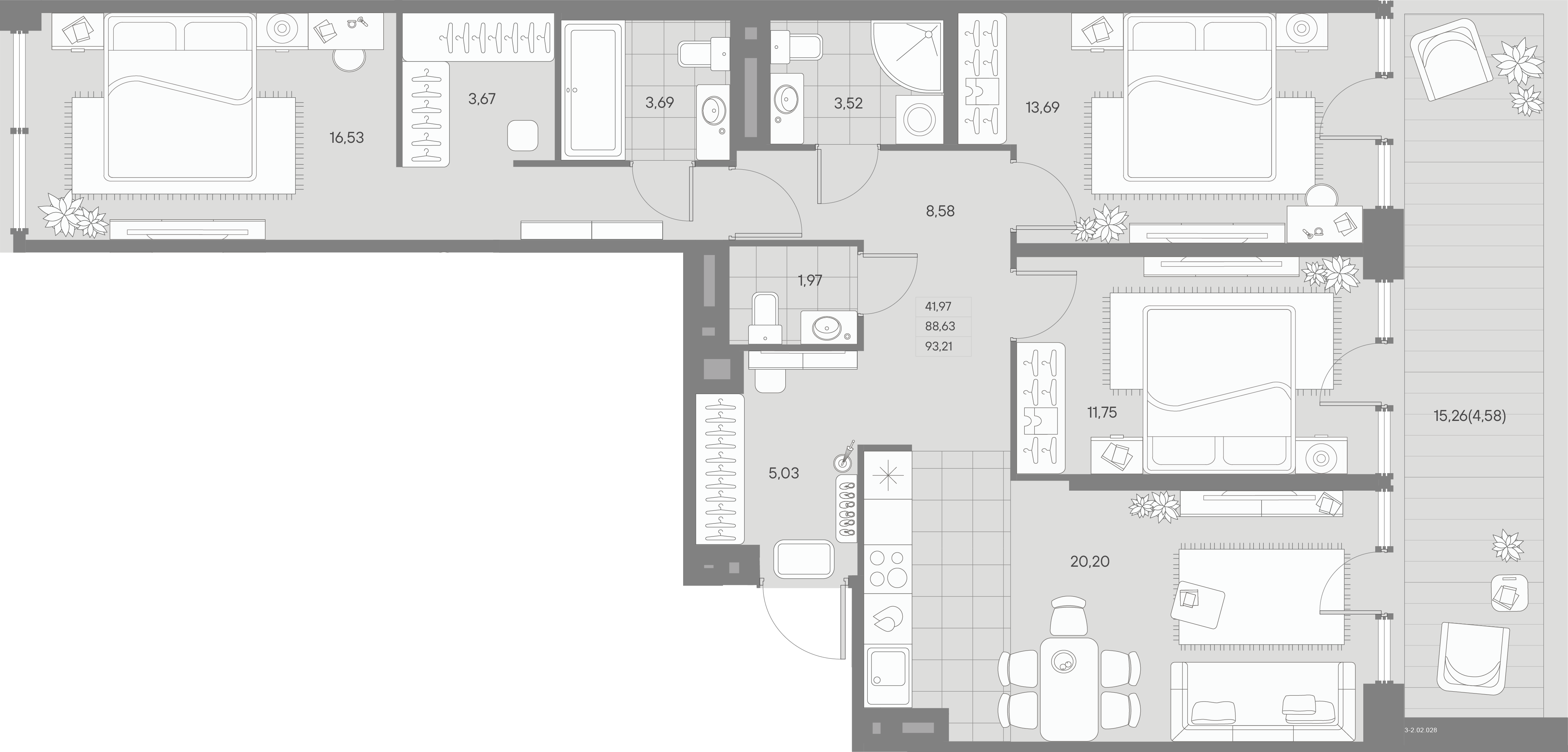 3-комнатная квартира  №28 в Avant: 93.21 м², этаж 2 - купить в Санкт-Петербурге