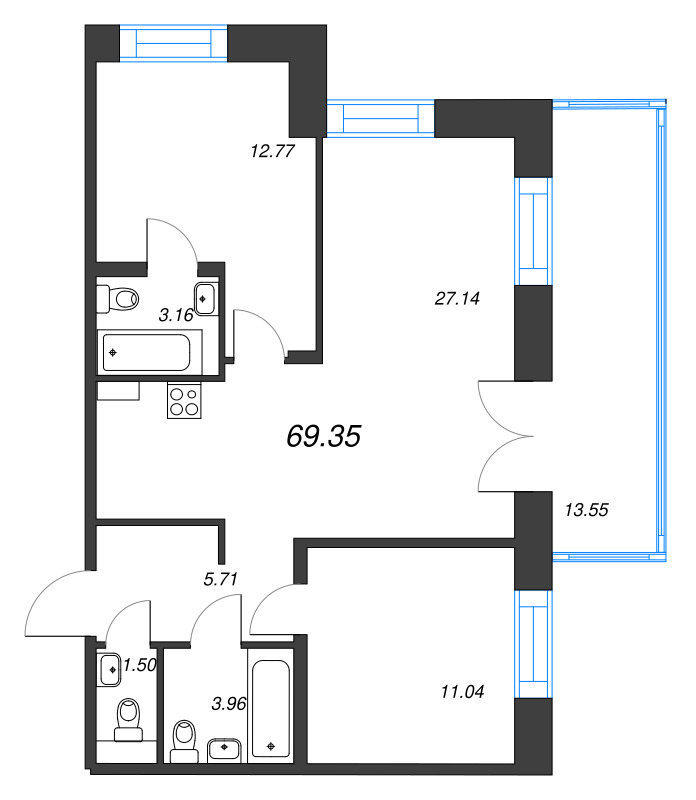 2-комнатная квартира  №6 в Alpen: 69.35 м², этаж 2 - купить в Санкт-Петербурге