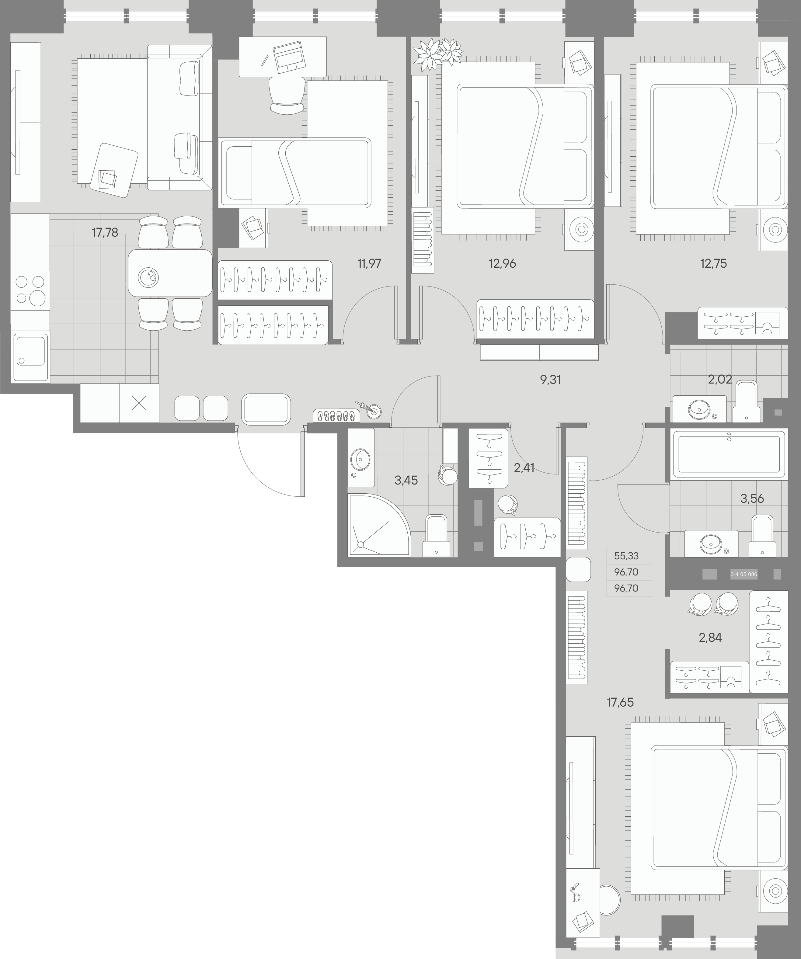 4-комнатная квартира  №89 в Avant: 96.7 м², этаж 5 - купить в Санкт-Петербурге