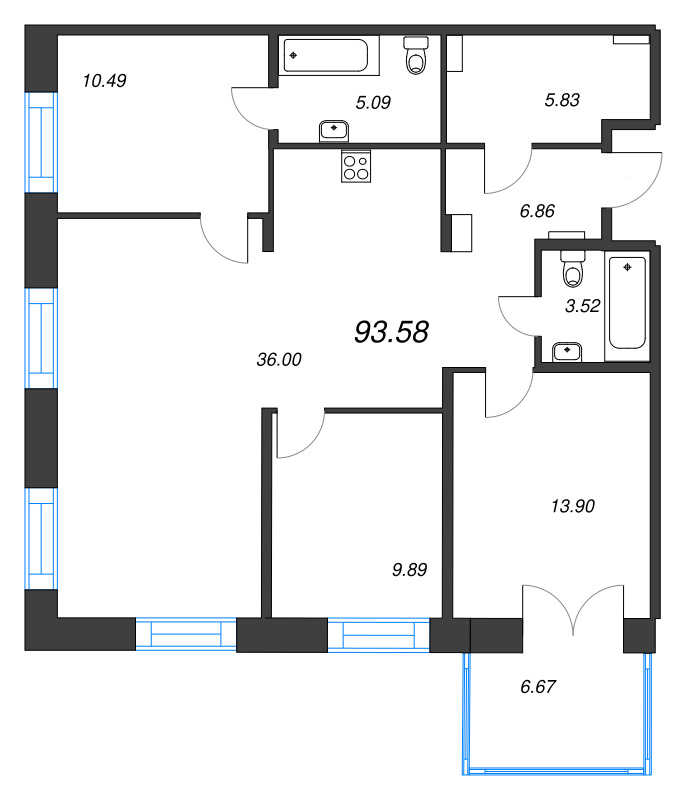 3-комнатная квартира  №44 в Alpen: 93.58 м², этаж 5 - купить в Санкт-Петербурге