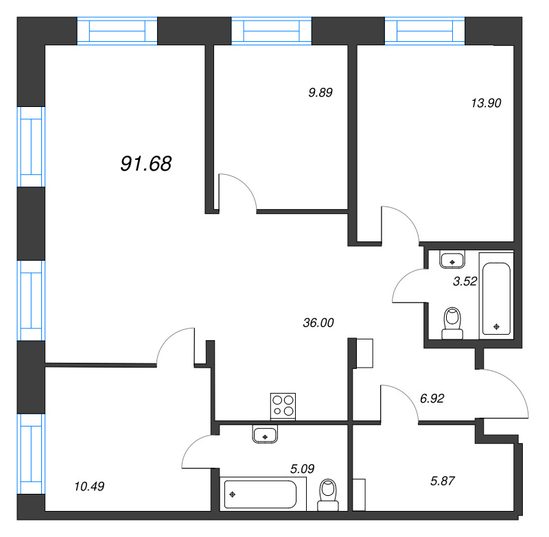 3-комнатная квартира  №1 в Alpen: 91.68 м², этаж 2 - купить в Санкт-Петербурге