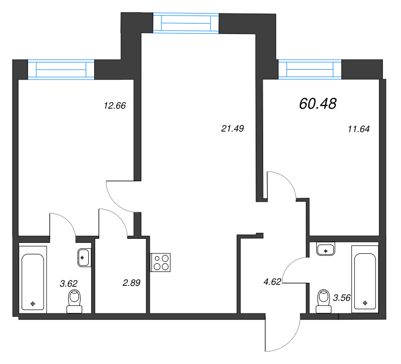 2-комнатная квартира  №72 в Alpen: 60.48 м², этаж 9 - купить в Санкт-Петербурге