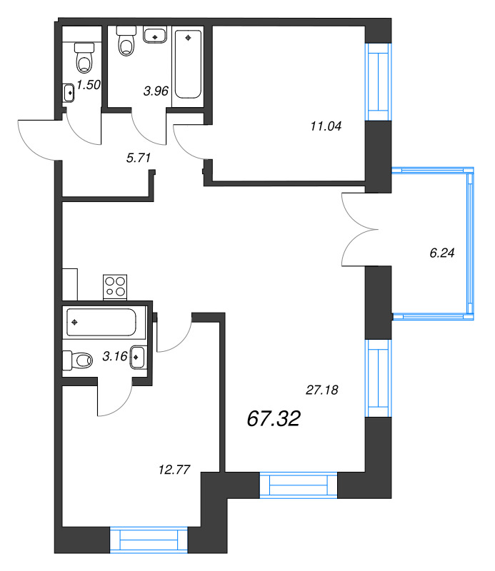 2-комнатная квартира  №19 в Alpen: 67.32 м², этаж 3 - купить в Санкт-Петербурге