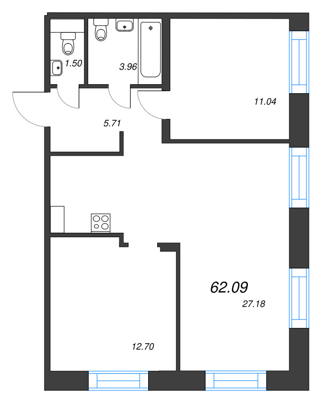 2-комнатная квартира  №67 в Alpen: 62.09 м², этаж 8 - купить в Санкт-Петербурге