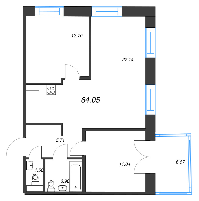 2-комнатная квартира  №66 в Alpen: 64.05 м², этаж 8 - купить в Санкт-Петербурге