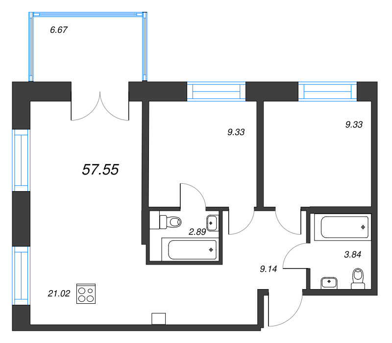 2-комнатная квартира  №116 в Alpen: 57.55 м², этаж 3 - купить в Санкт-Петербурге