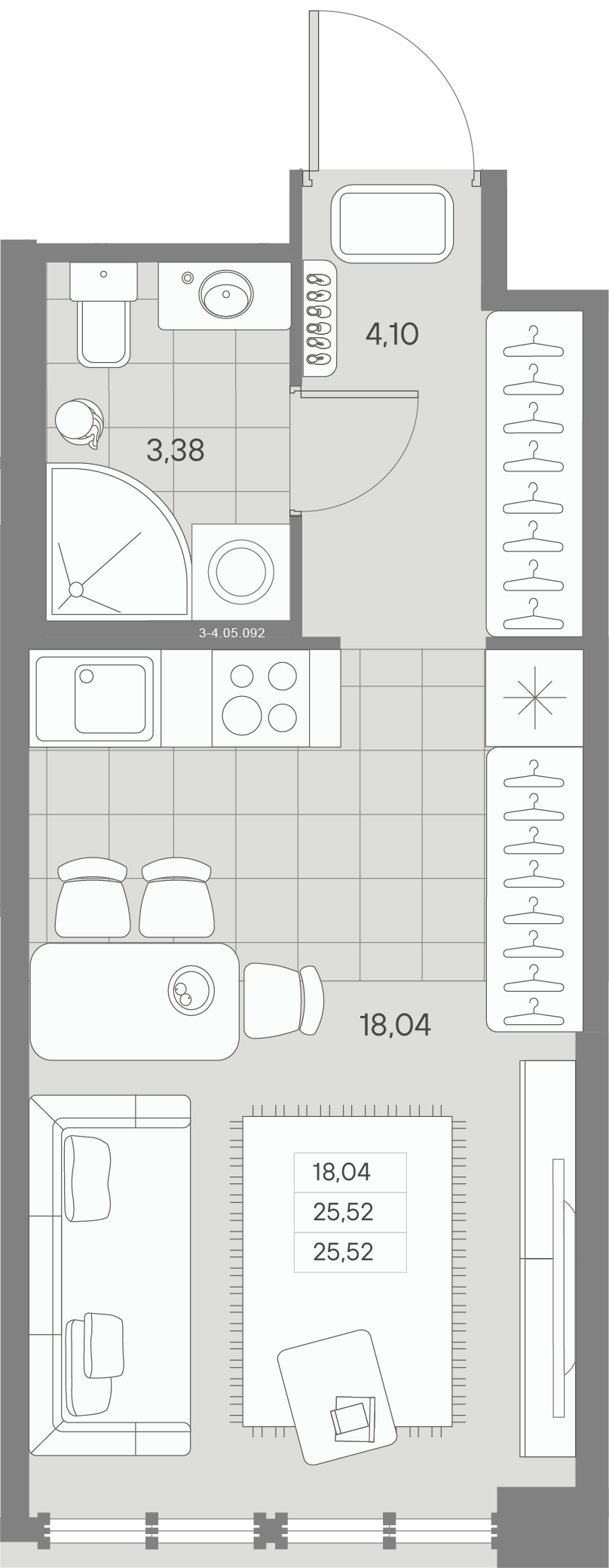 1-комнатная квартира  №92 в Avant: 25.52 м², этаж 5 - купить в Санкт-Петербурге