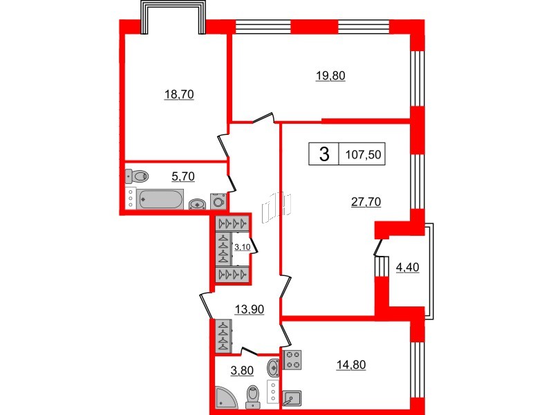 3-комнатная квартира  №616 в Притяжение: 107.5 м², этаж 4 - купить в Санкт-Петербурге