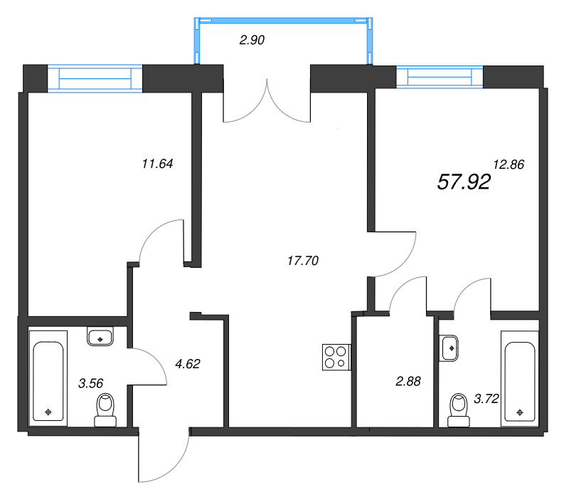 2-комнатная квартира  №81 в Alpen: 57.92 м², этаж 10 - купить в Санкт-Петербурге