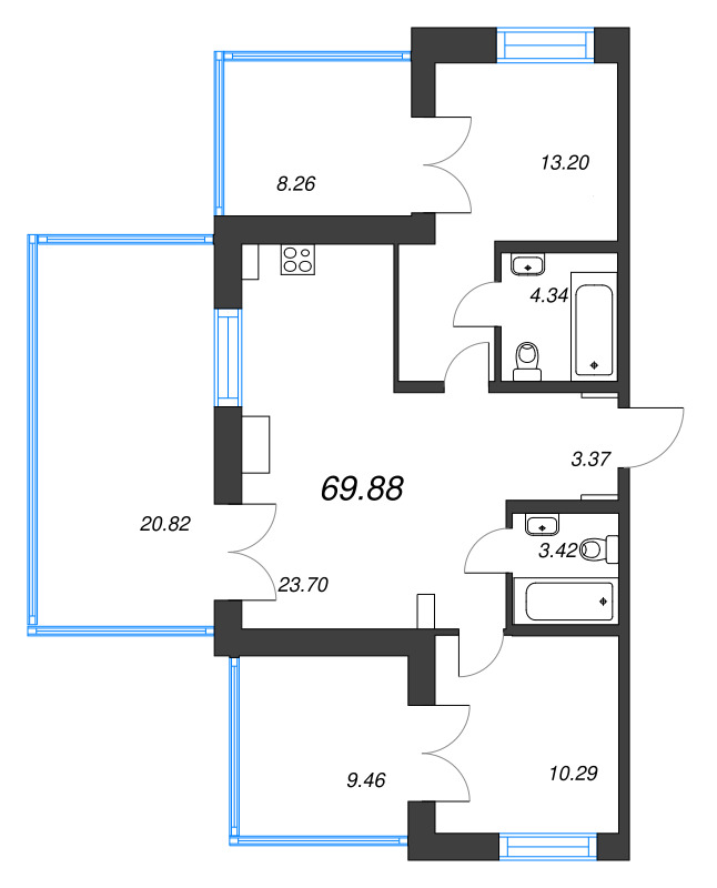 2-комнатная квартира  №181 в Alpen: 69.88 м², этаж 10 - купить в Санкт-Петербурге