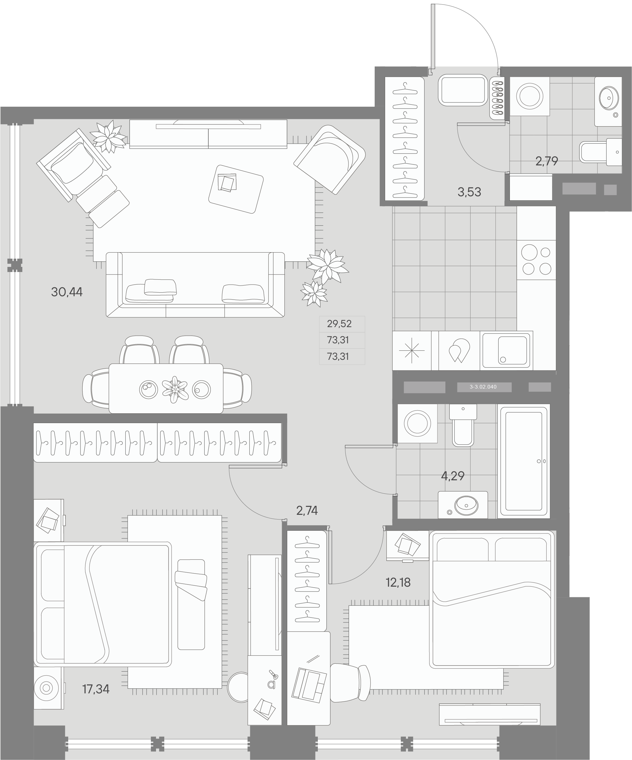 2-комнатная квартира  №40 в Avant: 73.31 м², этаж 2 - купить в Санкт-Петербурге