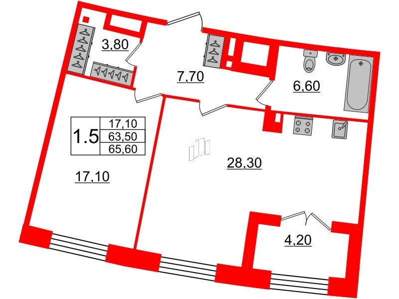 1-комнатная квартира  №140 в Grand View: 63.5 м², этаж 2 - купить в Санкт-Петербурге