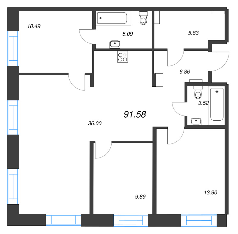 3-комнатная квартира  №62 в Alpen: 91.58 м², этаж 7 - купить в Санкт-Петербурге