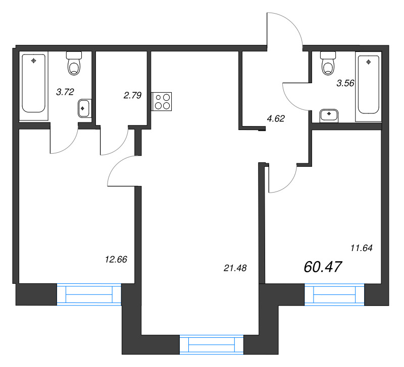 2-комнатная квартира  №69 в Alpen: 60.47 м², этаж 8 - купить в Санкт-Петербурге