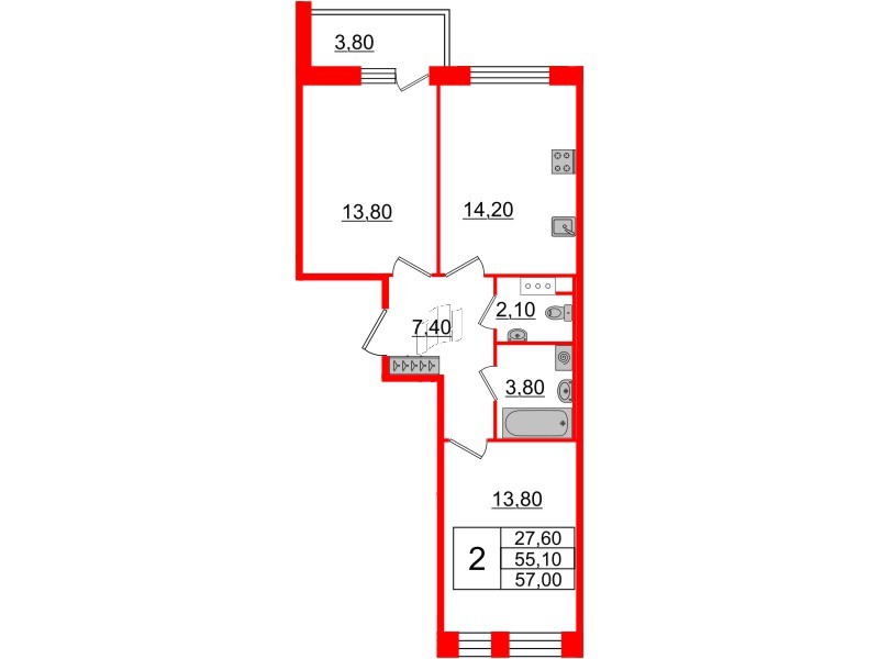 2-комнатная квартира  №464 в Svetlana Park: 54.1 м², этаж 10 - купить в Санкт-Петербурге