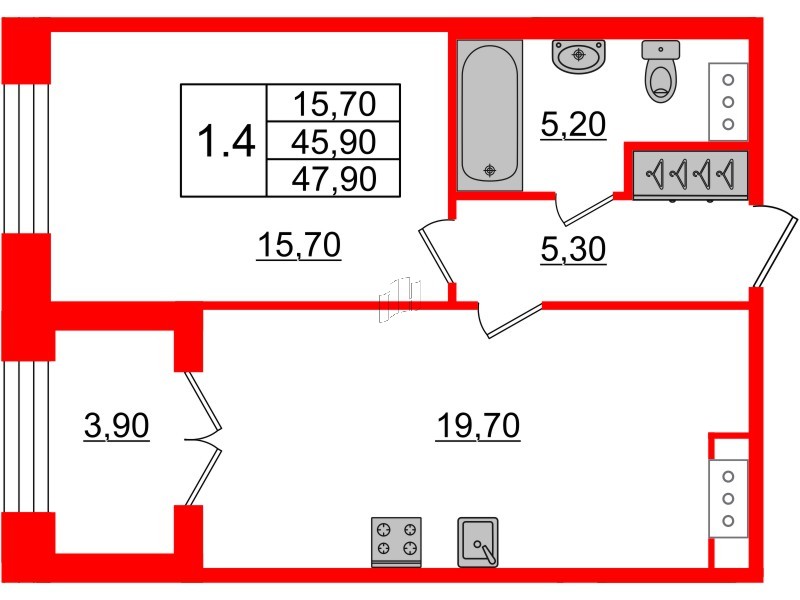 1-комнатная квартира  №17 в Grand View: 45.9 м², этаж 4 - купить в Санкт-Петербурге