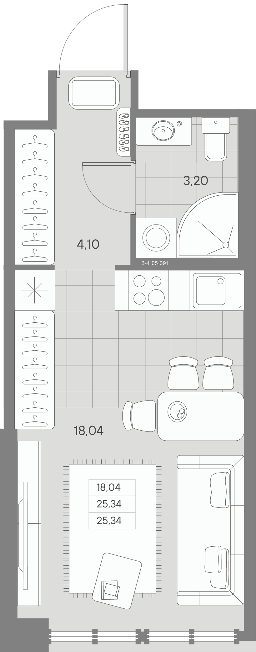 1-комнатная квартира  №91 в Avant: 25.34 м², этаж 5 - купить в Санкт-Петербурге