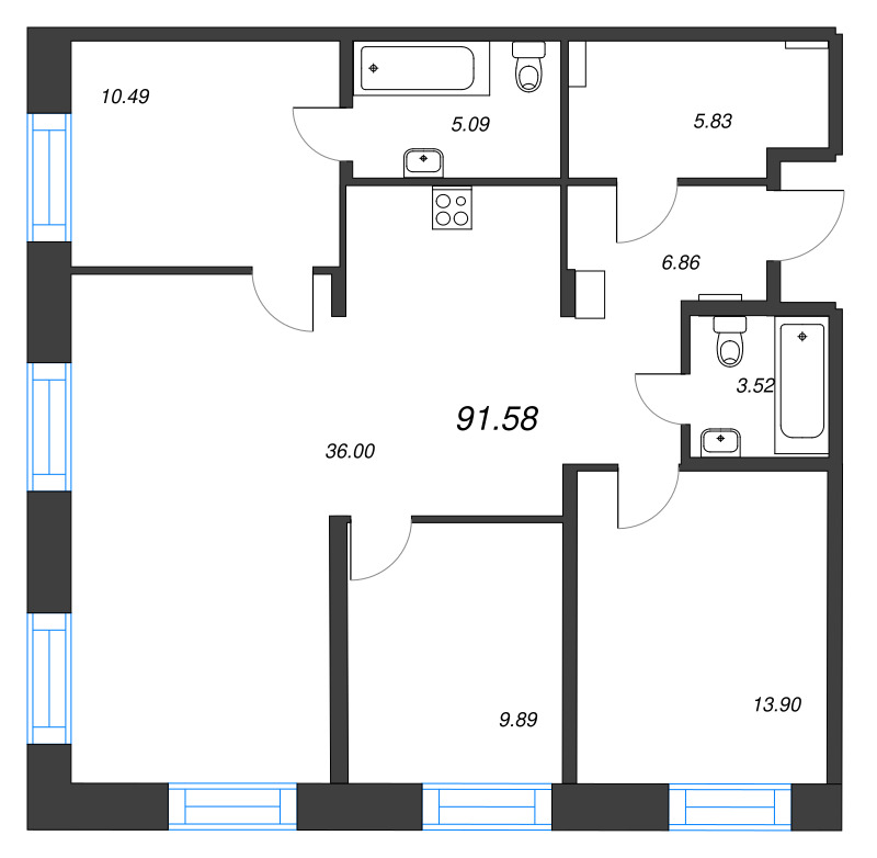 3-комнатная квартира  №24 в Alpen: 91.58 м², этаж 3 - купить в Санкт-Петербурге