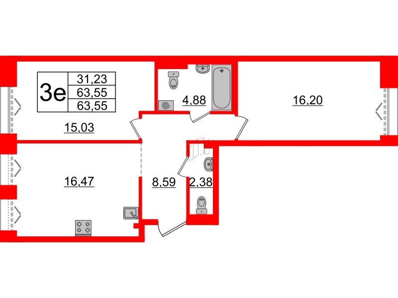 2-комнатная квартира  №462 в Imperial club: 63.55 м², этаж 3 - купить в Санкт-Петербурге