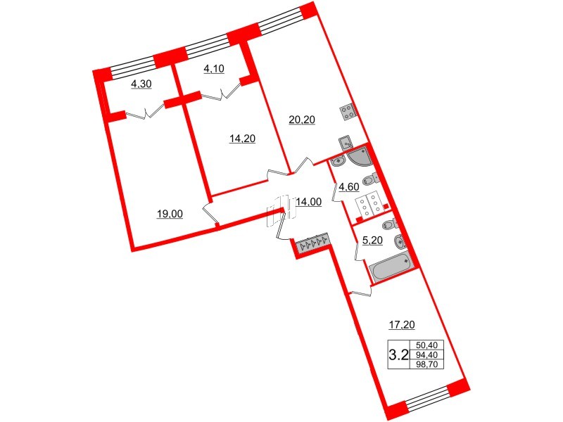 3-комнатная квартира  №111 в Grand View: 94.4 м², этаж 2 - купить в Санкт-Петербурге