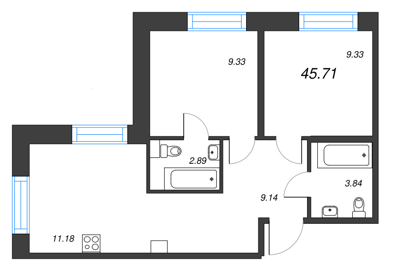 2-комнатная квартира  №177 в Alpen: 45.71 м², этаж 9 - купить в Санкт-Петербурге