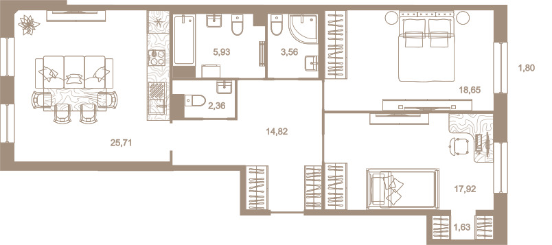 2-комнатная квартира  №121 в Северная корона Residence: 90.8 м², этаж 7 - купить в Санкт-Петербурге