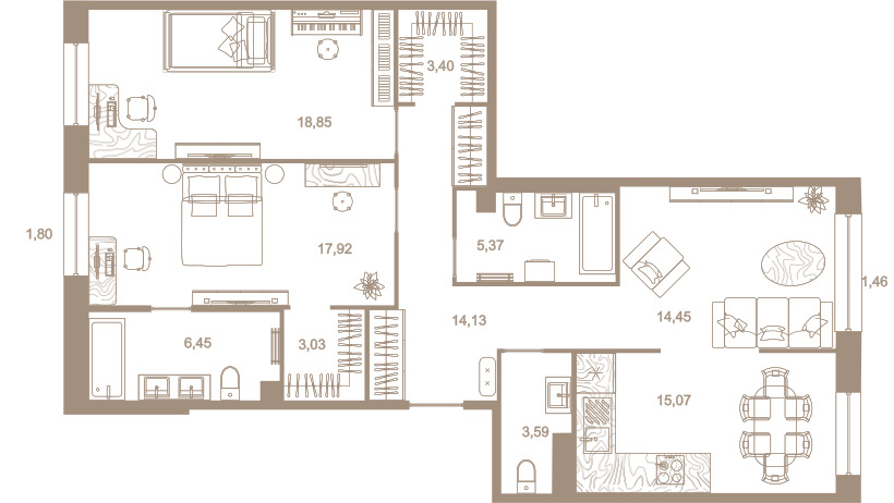 3-комнатная квартира  №237 в Северная корона Residence: 103.4 м², этаж 7 - купить в Санкт-Петербурге