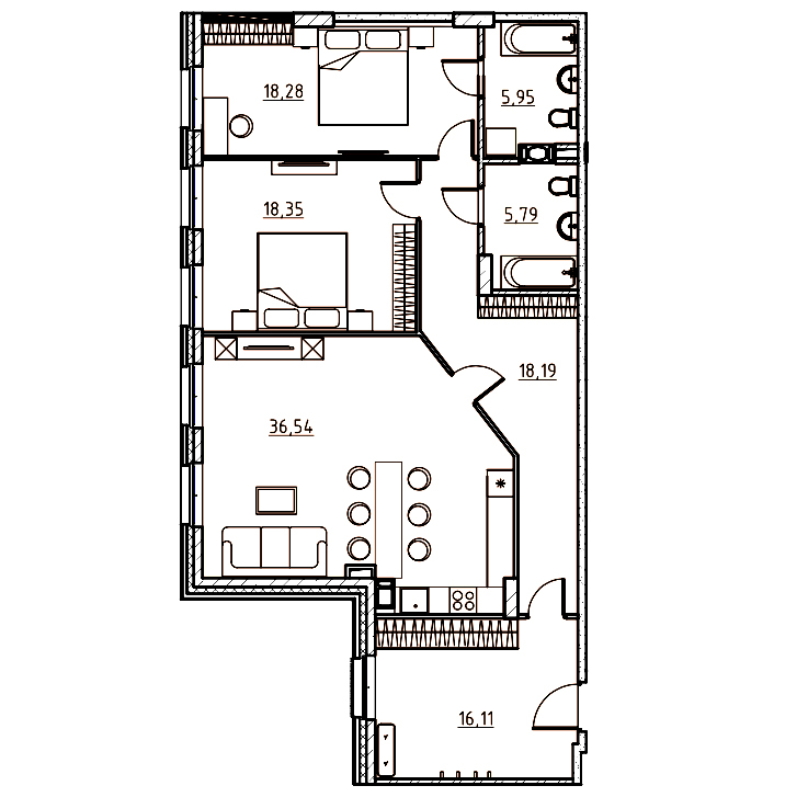 2-комнатная квартира  №57 в Манхэттен: 120.35 м², этаж 6 - купить в Санкт-Петербурге
