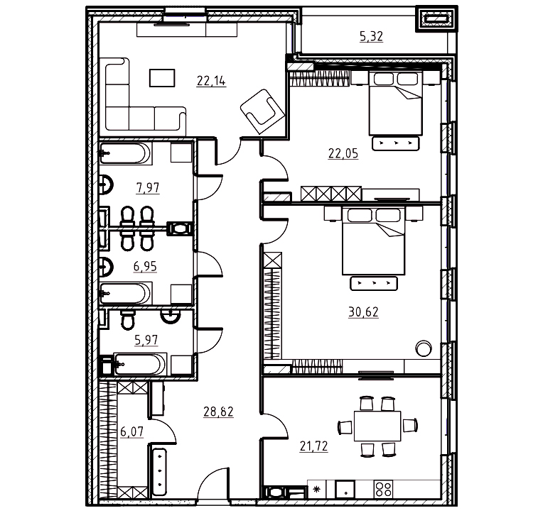 3-комнатная квартира  №20 в Манхэттен: 155 м², этаж 6 - купить в Санкт-Петербурге