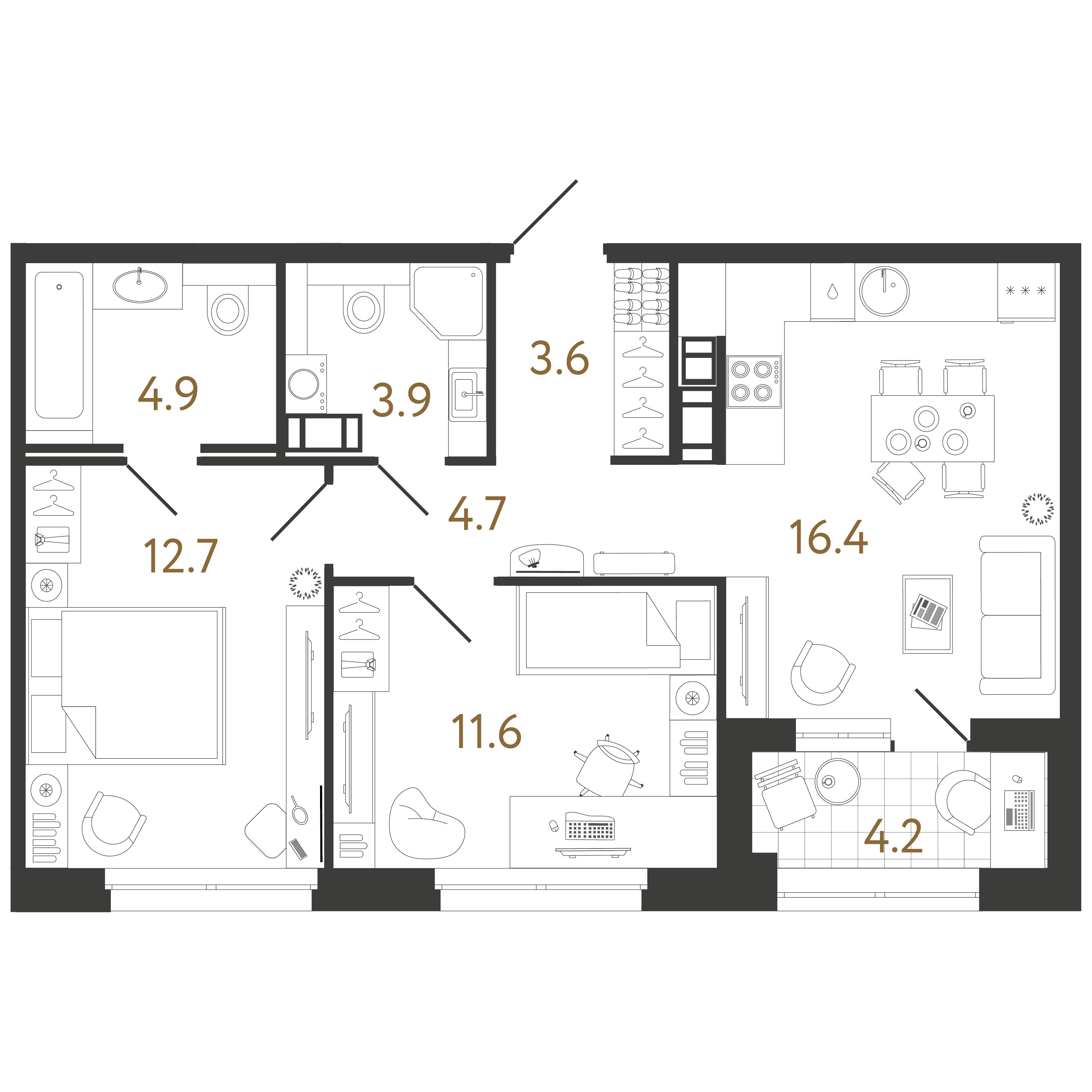 2-комнатная квартира  №452 в Куинджи: 57.8 м², этаж 13 - купить в Санкт-Петербурге