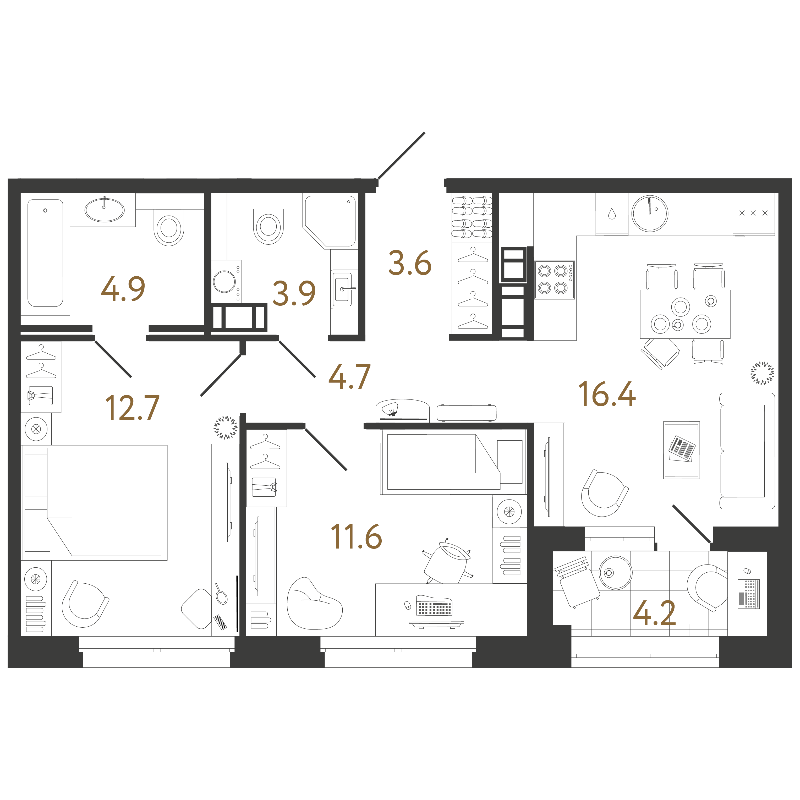 2-комнатная квартира  №412 в Куинджи: 57.8 м², этаж 9 - купить в Санкт-Петербурге