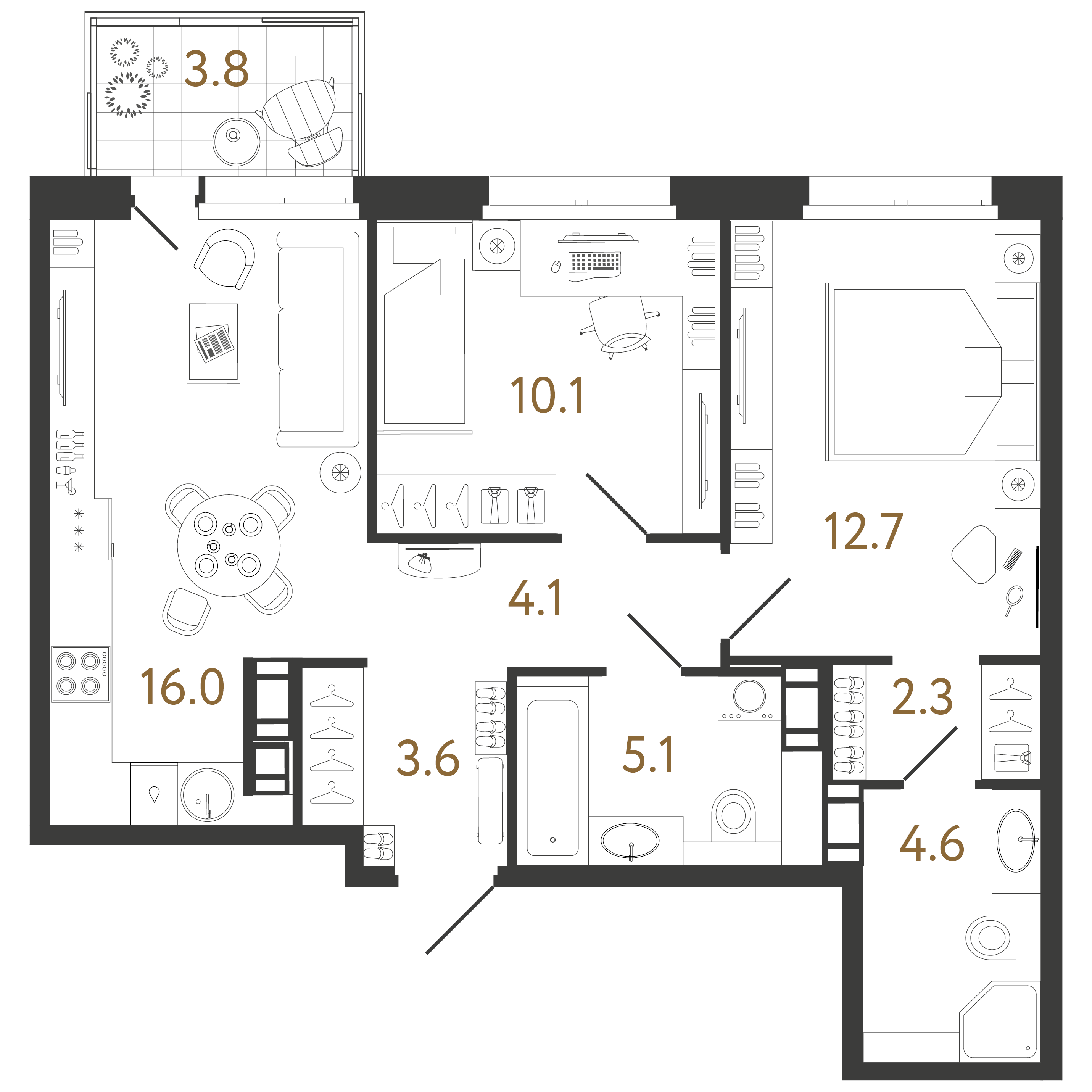 2-комнатная квартира  №336 в Куинджи: 58.5 м², этаж 14 - купить в Санкт-Петербурге