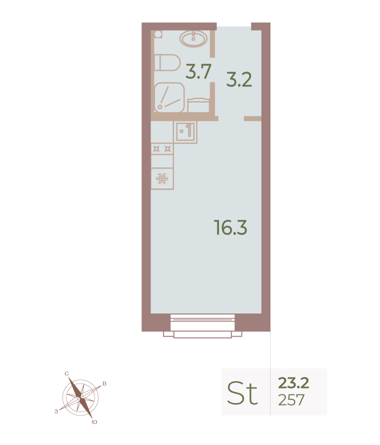 1-комнатная квартира  №257 в Neva Haus: 23.4 м², этаж 7 - купить в Санкт-Петербурге