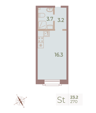 1-комнатная квартира  №270 в Neva Haus: 23.2 м², этаж 9 - купить в Санкт-Петербурге