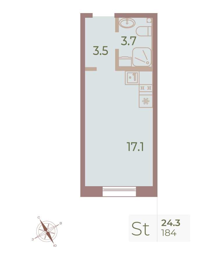 1-комнатная квартира  №184 в Neva Haus: 24.2 м², этаж 9 - купить в Санкт-Петербурге