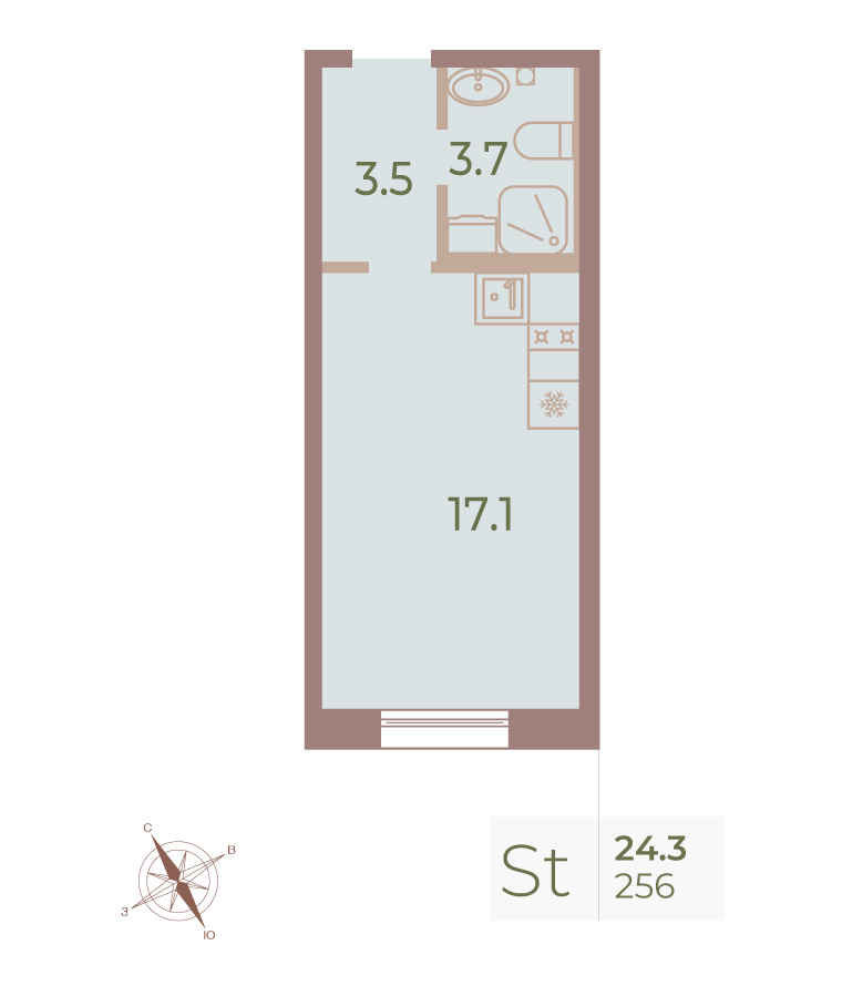 1-комнатная квартира  №256 в Neva Haus: 24.2 м², этаж 7 - купить в Санкт-Петербурге