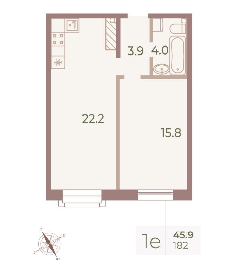 1-комнатная квартира  №182 в Neva Haus: 46.1 м², этаж 9 - купить в Санкт-Петербурге