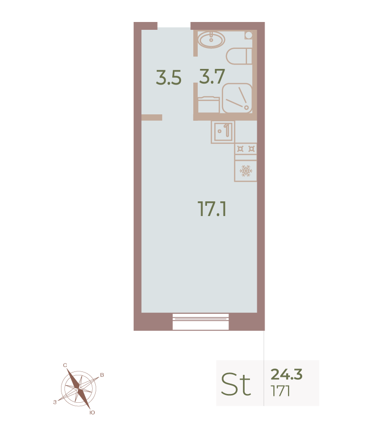 1-комнатная квартира  №171 в Neva Haus: 24.1 м², этаж 7 - купить в Санкт-Петербурге