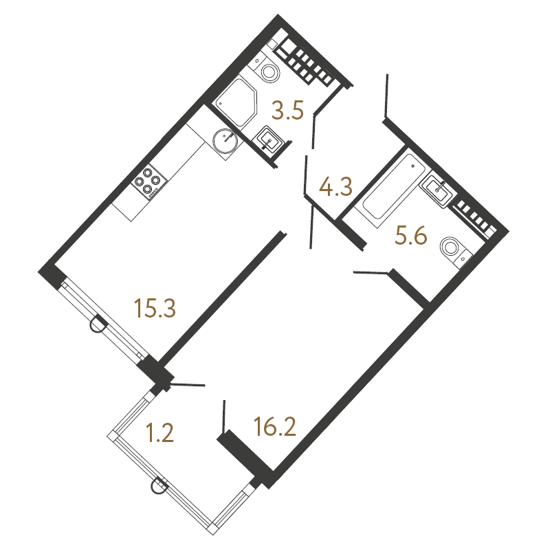 1-комнатная квартира  №201 в Миръ: 44.9 м², этаж 7 - купить в Санкт-Петербурге