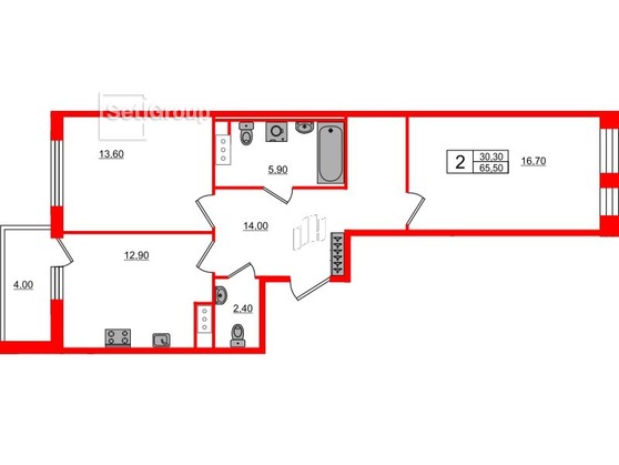 2-комнатная квартира  №752 в Svetlana Park: 65.5 м², этаж 10 - купить в Санкт-Петербурге