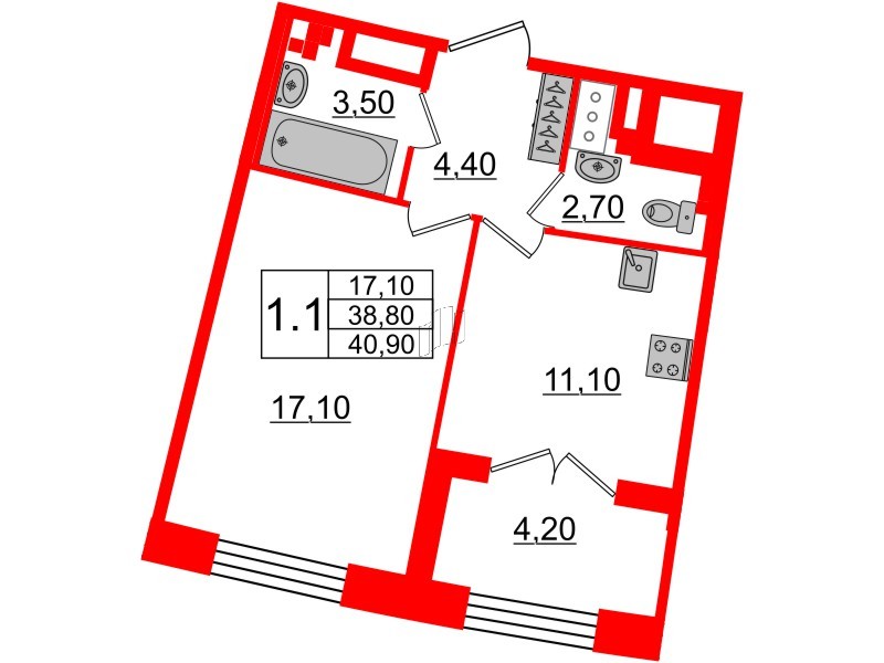 1-комнатная квартира  №155 в Grand View: 38.8 м², этаж 5 - купить в Санкт-Петербурге