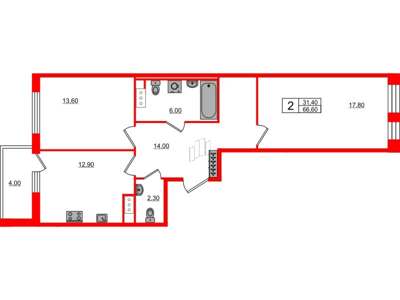 2-комнатная квартира  №724 в Svetlana Park: 66.6 м², этаж 3 - купить в Санкт-Петербурге