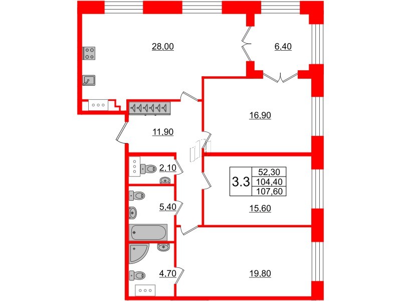 3-комнатная квартира  №184 в Grand View: 104.4 м², этаж 6 - купить в Санкт-Петербурге